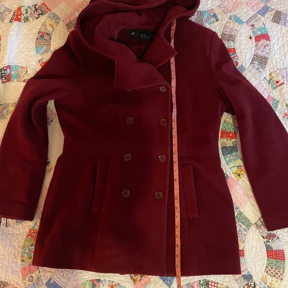 Y2K Vintage Kenneth Cole Dark Wine Burgundy Hooded Winter Peacoat Sz 10 Medium - Picture 4 of 6